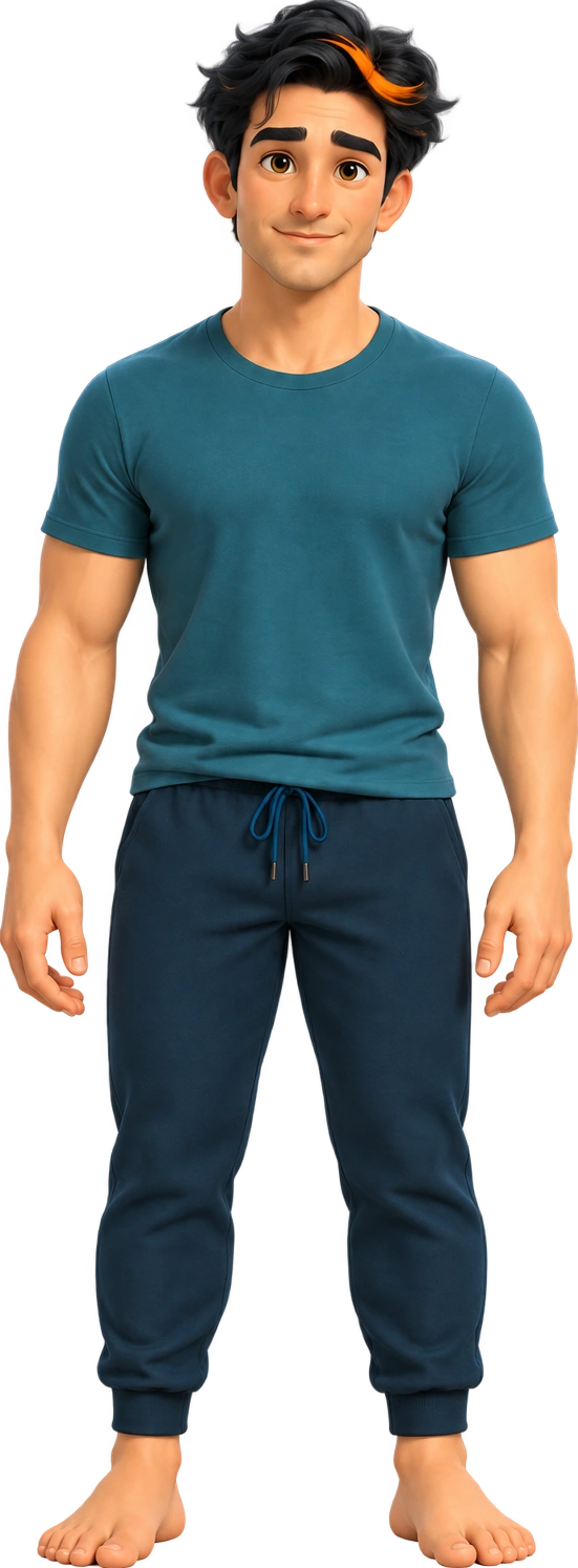 Lykkie smiling, with an orange streak in his dark hair, a teal shirt, and navy joggers