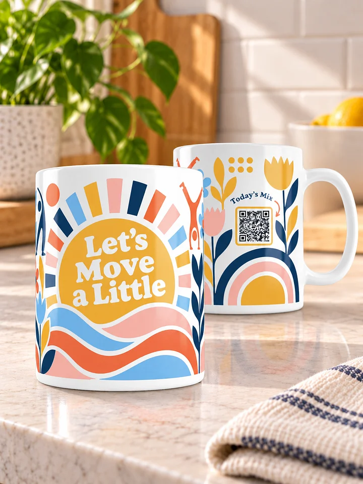 Garden mug: colorful flowers and sunshine, with the movement QR code printed on the back.