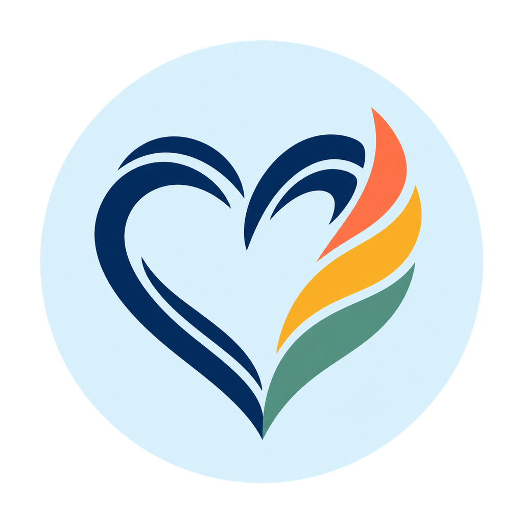 Illustration of a flowing navy heart with coral, gold, and teal flourish