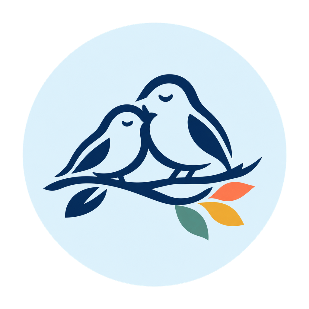 Illustration of two birds nestled together on a branch with three colorful leaves