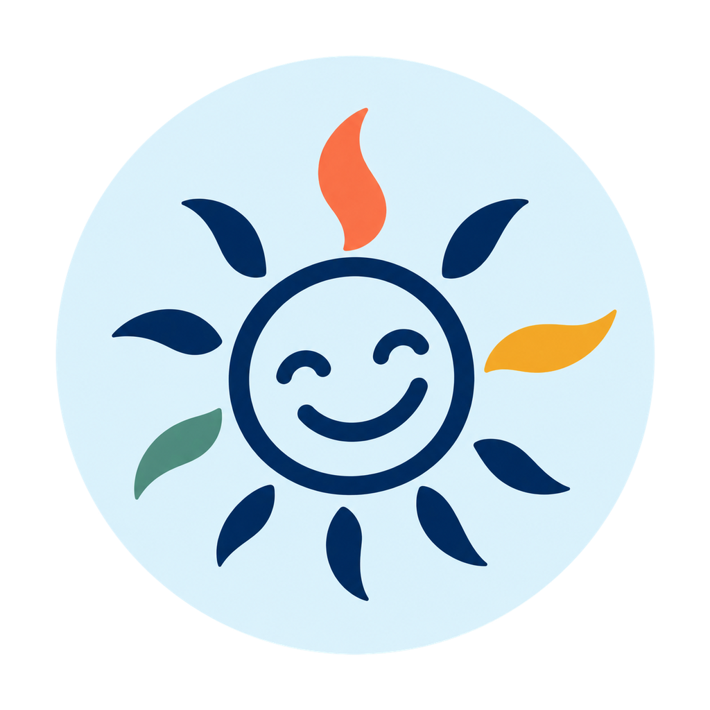 Illustration of a smiling sun with colorful coral, gold, and teal rays