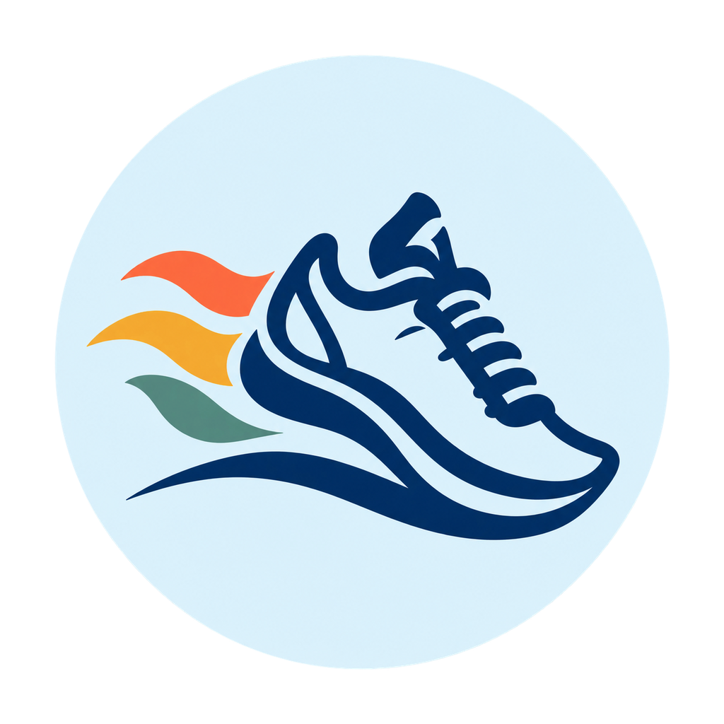 Illustration of a navy sneaker with coral, gold, and teal movement streaks