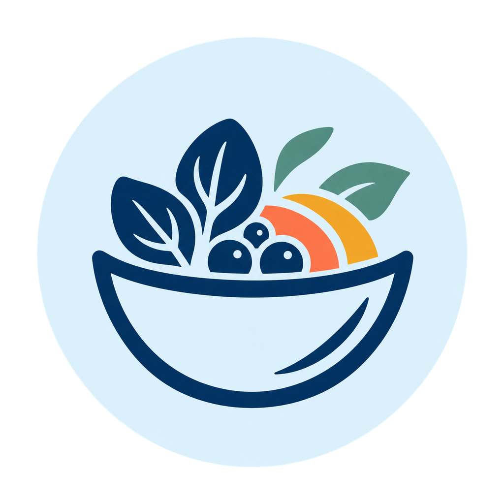Illustration of a bowl filled with leafy greens, fruit, and produce